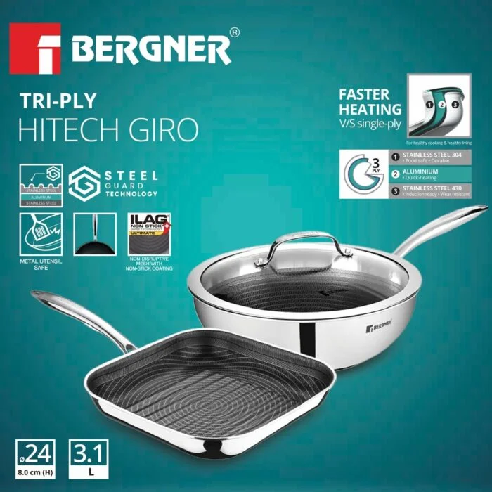Bergner Hitech Giro Wok Pan 24cm + Grill Pan 24cm | Non-Stick Cookware Combo | Induction & Gas Compatible
