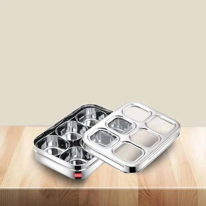 AVIAS 6 Square Stainless Steel Spice Box with 6 Compartments | See-Through Break Resistant Lid | Masala Dani / Masala Dabba / Dry Fruit Box