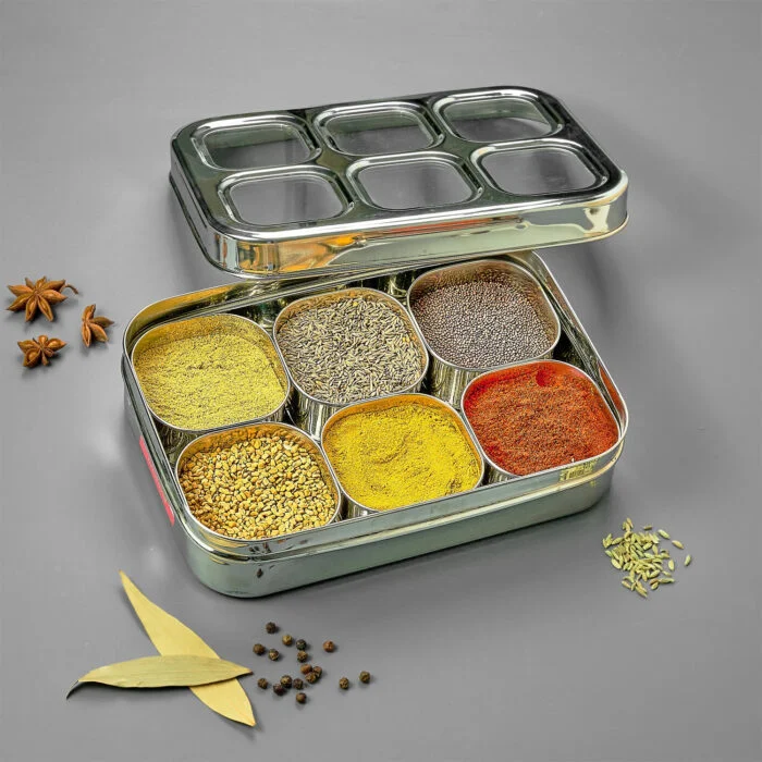 AVIAS 6 Square Stainless Steel Spice Box with 6 Compartments | See-Through Break Resistant Lid | Masala Dani / Masala Dabba / Dry Fruit Box