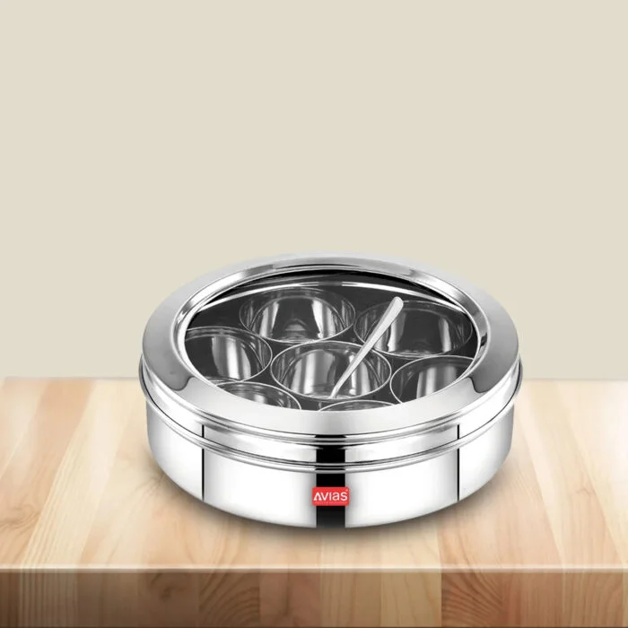 AVIAS Stainless Steel Elegant Spice Box with See-Through Lid | Rust-Resistant Masala Dabba | 7 Compartments & Steel Spoon | Small & Medium