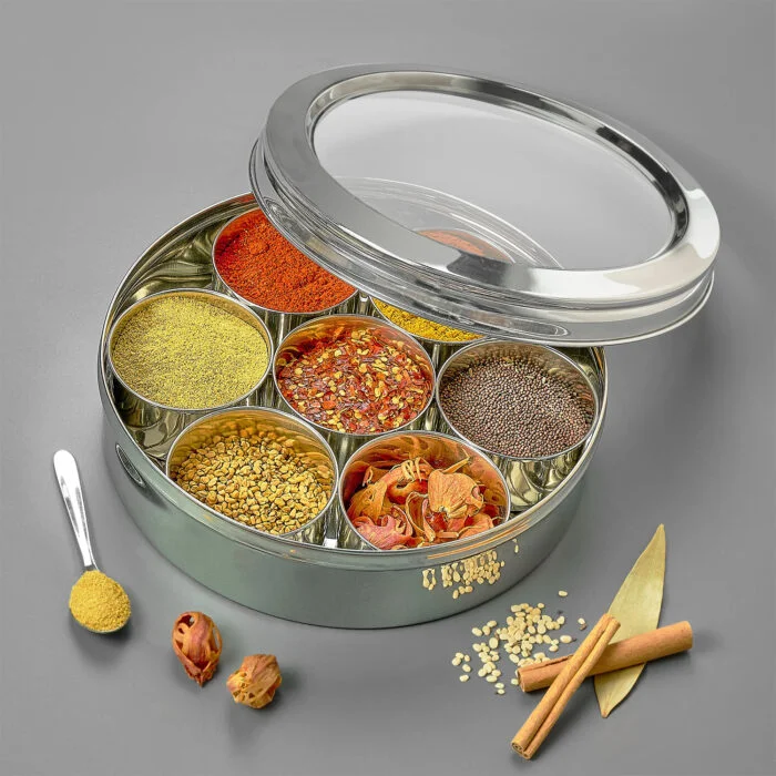 AVIAS Stainless Steel Elegant Spice Box with See-Through Lid | Rust-Resistant Masala Dabba | 7 Compartments & Steel Spoon | Small & Medium