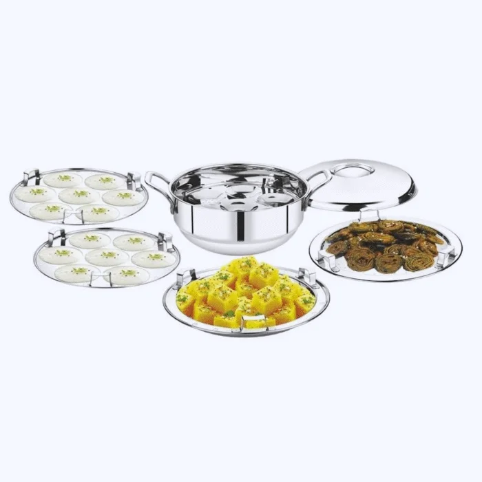 Anupam Stainless Steel Heavy Multi Kadai with Lid | 3 Idli Plates (7 Cavities Each) + 2 Dhokla Plates + 1 Steamer/Patra Plate + 1 Mini Idli Plate | 28 cm | 18 Gauge Heavy Stainless Steel