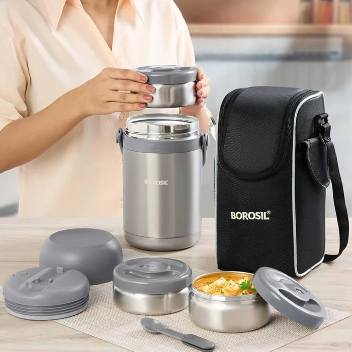 Borosil Hot-N-Fresh Stainless Steel Insulated Lunch Box Set of 3 | Keeps Food Hot up to 8 Hours | Leak-Proof Tiffin for Office, College & Travel