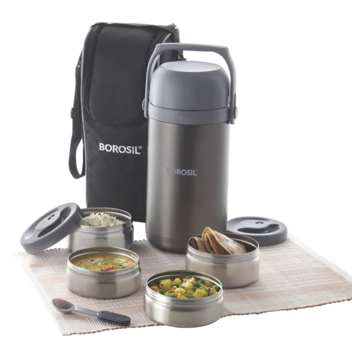 Borosil Hot N Fresh Stainless Steel Insulated Lunchbox Set of 4 | 2.3 L | Keeps Food Hot up to 6 Hours | Leak-Proof Tiffin with Carry Bag & Spoon – Grey