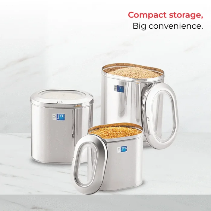 JVL Capsule Tin | Premium Stainless Steel Food Storage Container | 2.65L, 4.6L, 8.2L, 13.3L & 19.5L Capacity with See-Through Lid & Premium Polish Finish