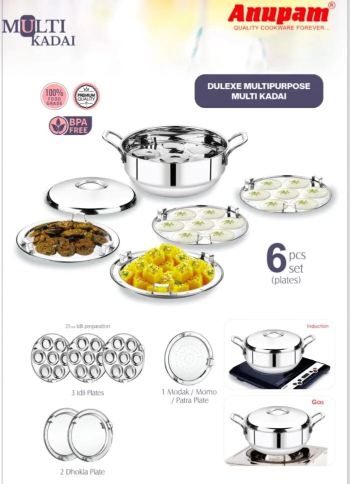 Anupam Stainless Steel Heavy Multi Kadai with Lid | 3 Idli Plates (7 Cavities Each) + 2 Dhokla Plates + 1 Steamer/Patra Plate + 1 Mini Idli Plate | 28 cm | 18 Gauge Heavy Stainless Steel