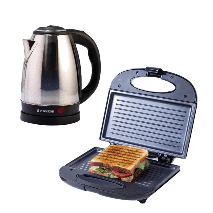 Wonderchef Prato Plus Griller (800W) & Crescent Electric Kettle (1.8L) | Healthy Non-stick Aluminium Grill Plates | Sleek and Compact Design | Boil Water in 5 Mins